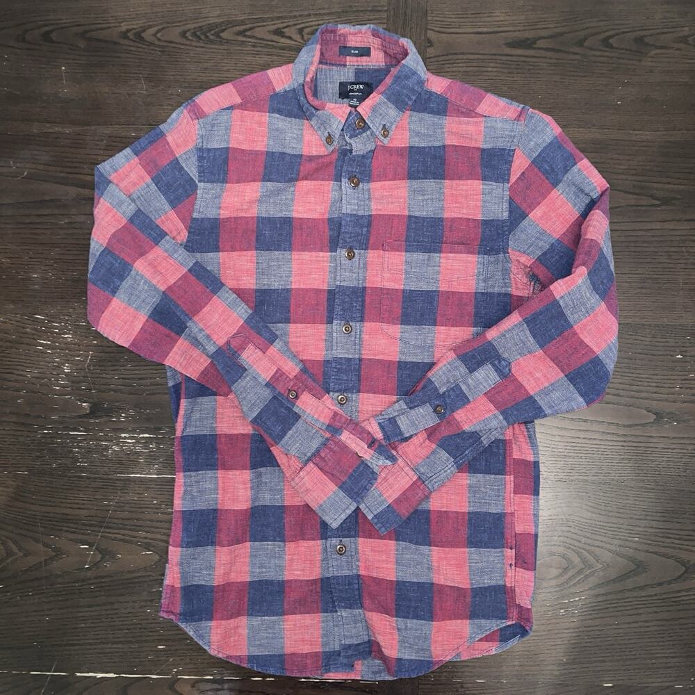 J Crew Shirt Mens XS Slim Gingham Plaid Red Blue Cotton Like New Preppy Collar